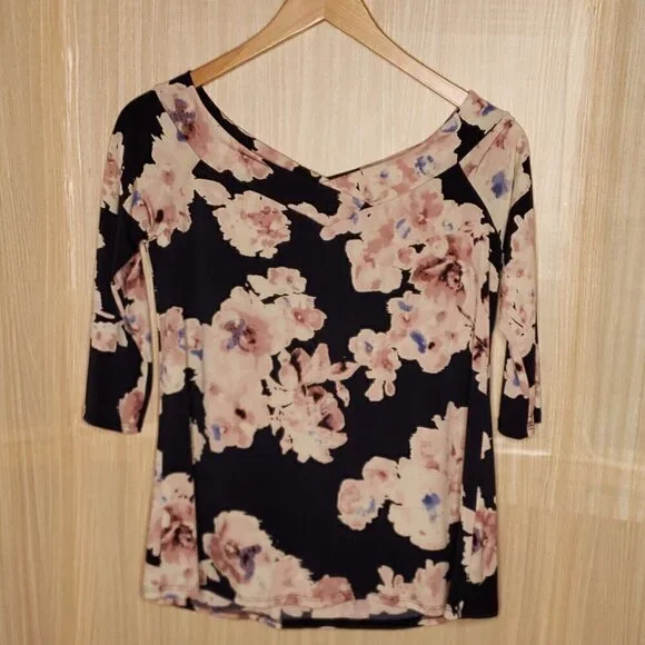 MTS Womens Navy Stretchy Floral Top Large - Picture 2 of 5